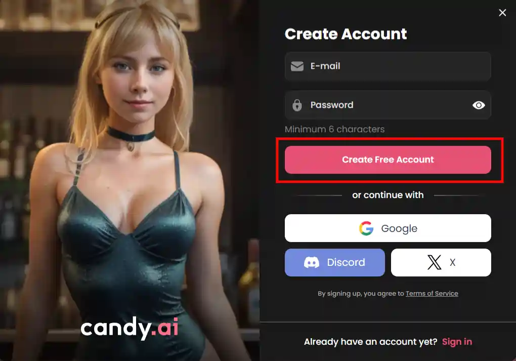 Candy AI - Create Free Account button