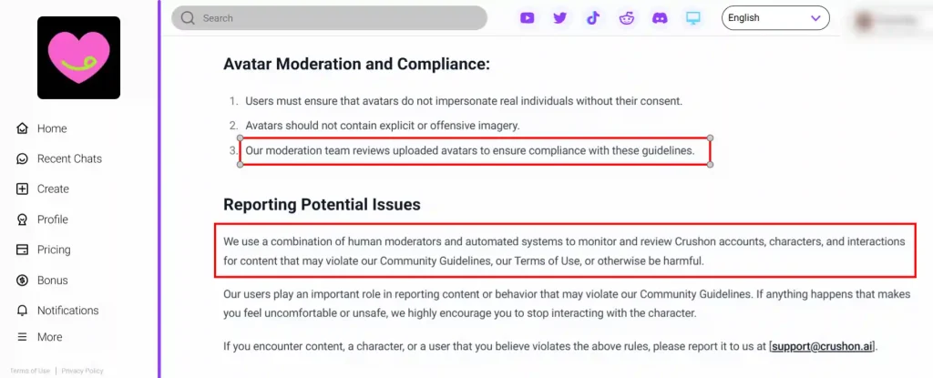 CrushOn AI human moderators & content privacy