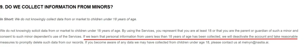 Nastia AI privacy policy for minors