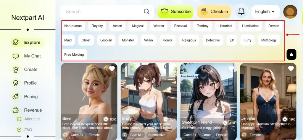 Nextpart AI - AI Companion Categories