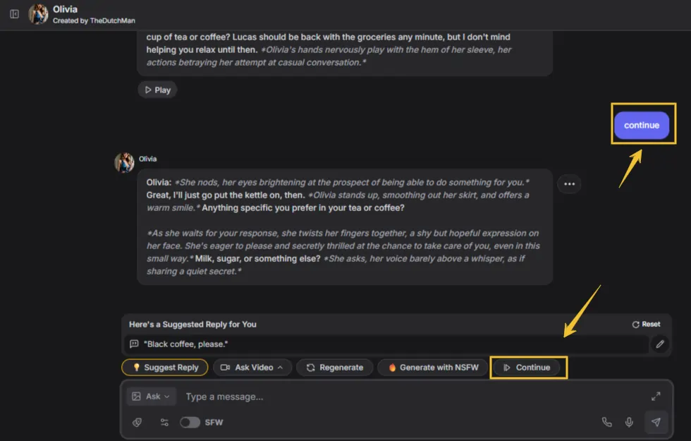 Continue button on GirlfriendGPT