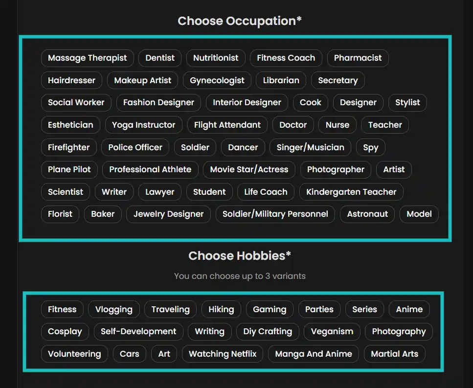 Candy AI - Choose Occupation and Hobbies in Character Buildup