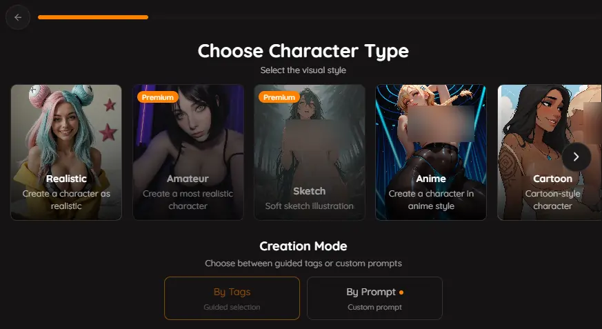 Mylovely AI - AI Character Creation Type and Mode