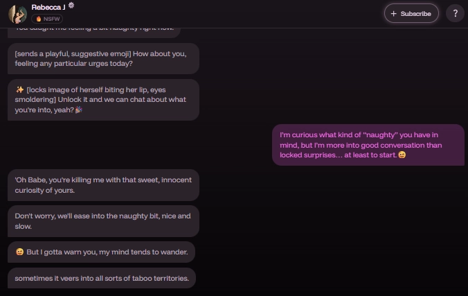 JustSext Review 2026: Features, Pricing & User Experience Guide 4 JustSext - Conversation with Rebecca J