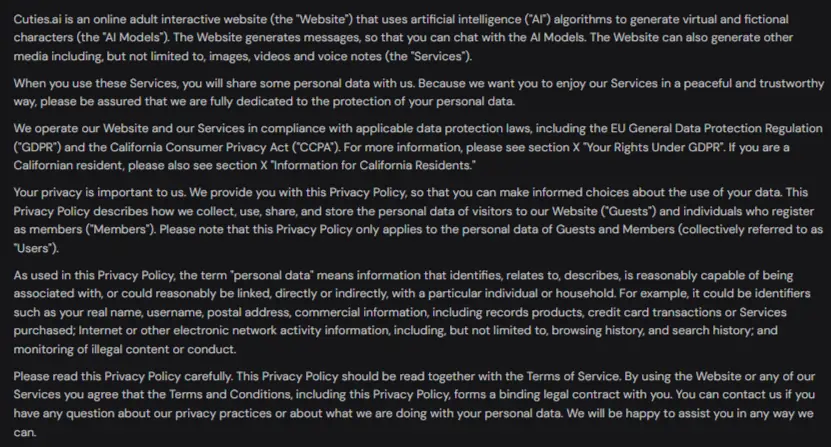 Cuties AI Review 2026: Worth It or Digital Blue Balls? 15 Cuties AI - Privacy Policy