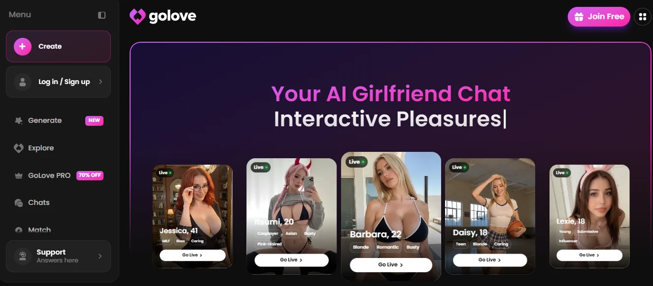 Candy AI vs GoLove AI: Pricing, Features & Chat Quality 2026 6 Golove AI - Homepage