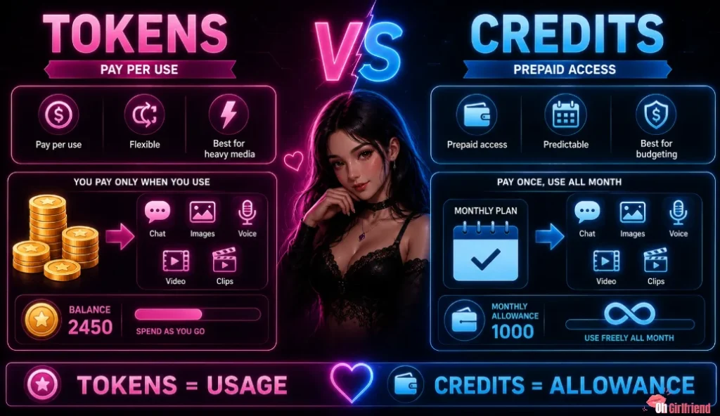 AI Girlfriend Tokens vs Credits Pricing Guide 2026 2 AI girlfriend app tokens vs credits comparison