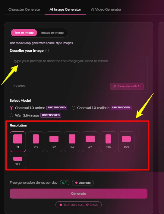 CharaxAI Review 2026: The NSFW AI Filter Test Results 6 Prompt image generator and aspect ratios of CharaxAI
