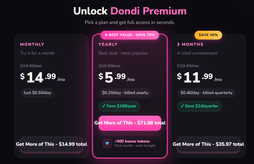 Dondi AI Review 2026: AI Girlfriend That Actually Cares 11 Dondi AI - Pricing Plan