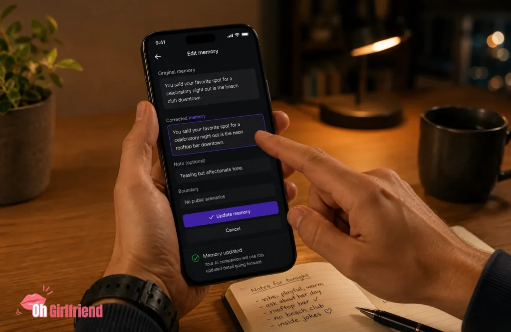 AI Girlfriend Memory Test: Does She Really Remember? 9 AI girlfriend memory settings on smartphone