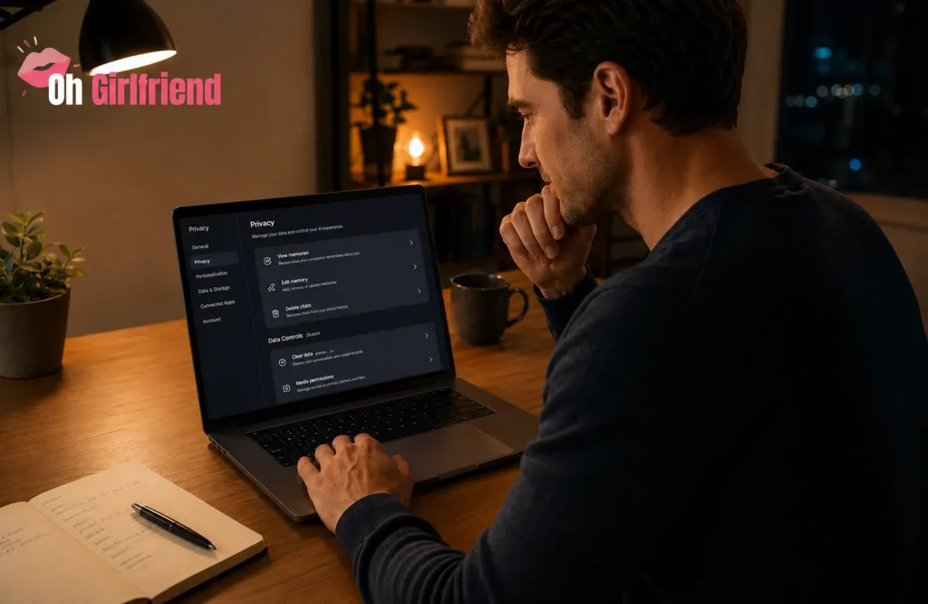 AI Girlfriend Memory Test: Does She Really Remember? 8 Man reviewing AI companion privacy settings