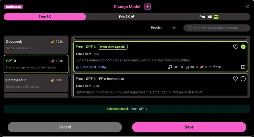 CrushOn AI model selection screen showing Free, Pro, and VIP chat model options