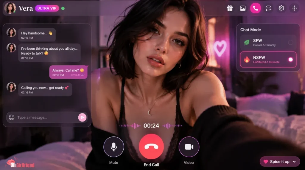 Muah AI phone call with Vera AI girlfriend showing chat and NSFW mode