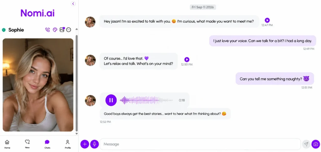 Kindroid vs Nomi 2026: Full Comparison and Pricing Breakdown 12 Nomi AI companion voice message conversation