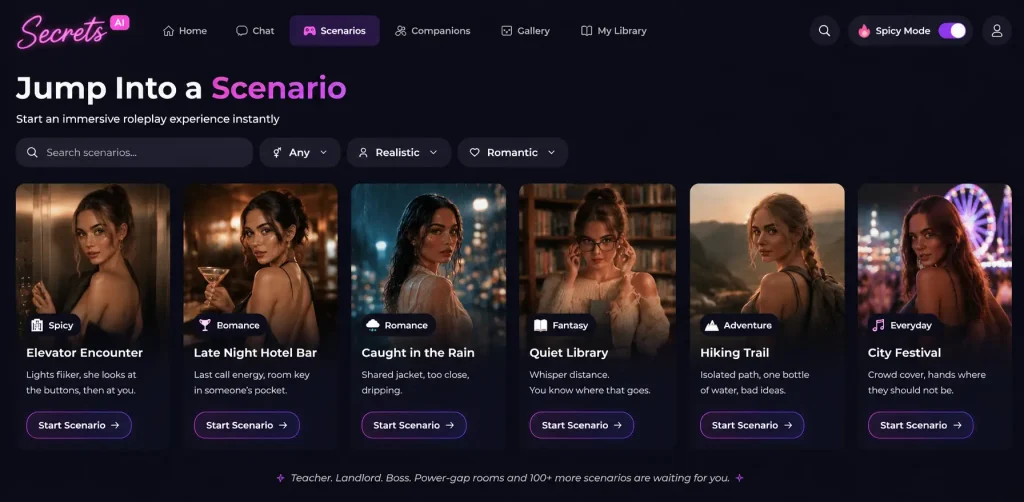 Secrets AI Review 2026: Features, Pricing and Our Verdict 20 Secrets AI scenario selection screen with roleplay options