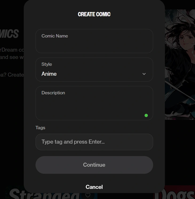 OurDream Comic Studio create comic setup